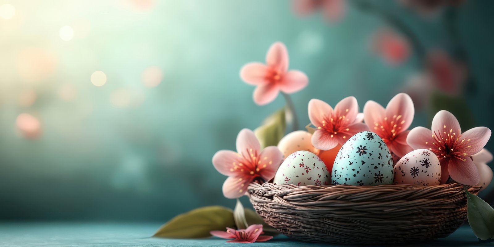 Beautifully arranged Easter eggs in a floral basket with pink blossoms and a serene background